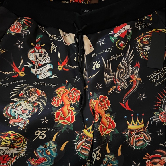 Ed Hardy Women's Shrunken Flashboard Track Pants multicolor tattoo art - Picture 8 of 14